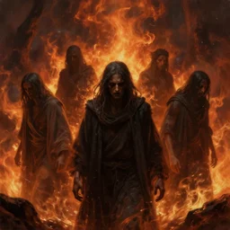 tormented souls try to escape from burning hell. artstation. highly detailed painting. realistic. cinematic. volumetric lighting.