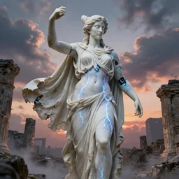 portrait of a diabolical marble cyborg girl, ancient greek statue, wearing torn white cape, dynamic pose, thunder, glowing eyes, post apocalyptic ancient ruins, glowing veins subsurface scattering, in clouds, sunset, portrait, by gerald brom, by mikhail vrubel, by peter elson, muted colors, extreme detail, trending on artstation, 8 k