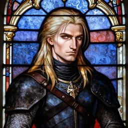 portrait of geralt of rivia, in the style of 1 5 th century stained glass window, masterful