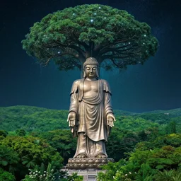 enormous budha statue standing in the middle of a matte landscape with a world tree with branches in the stars and roots in the underworld, vast, epic, starry, lush, greenery, cinematic color scheme, by greg rutkowski and artstation, 4 k wallpaper, uhd quality, unreal engine, glossy paper quality