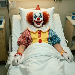 crazy clown restrained in hospital bed