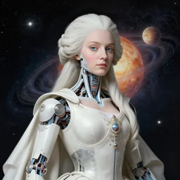 biomechanoid portrait of the powerful empress of the solar system in the style of jean - honore fragonard and in the style of luis royo. glowing, ornate and intricate linework, stunning, dynamic lighting, ultrafine and hyperdetailed.