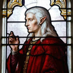 medieval stained glass window, side - view portrait of a man, very serious expression, pale skin, long white hair, pointy elf ears, expensive red coat, masterful, backlit