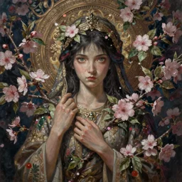 breathtaking detailed concept art painting of the goddess of cherry blossom flowers, full body, orthodox saint, with anxious, piercing eyes, ornate background, amalgamation of leaves and flowers, by Hsiao-Ron Cheng, James jean, Miho Hirano, Hayao Miyazaki, extremely moody lighting, 8K