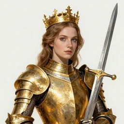 realistic portrait of a woman made of golden armor and a crown, shinning sword, fame, 1450, ink, ultra realistic, 8k