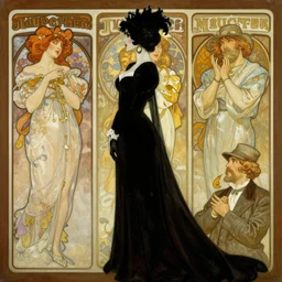 side profile painting of Elvira mistriss of the dark character illustration by greg rutkowski, thomas kindkade, alphonse mucha, loish, norman rockwell. Trending on artstation