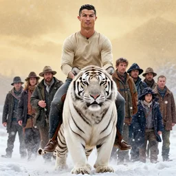 face portrait of cristiano ronaldo riding mounted on a fat chonky large white tiger, wintery scene, snow storm, golden hour, donato giancola, joseph christian leyendecker, lilia alvarado, sophie anderson, mark arian, bob byerley, charlie bowater, mark brooks, justin gerard, ross tran, wlop, william adolphe bouguereau