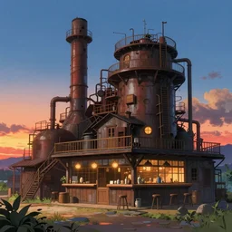 a beautiful detailed anime illustration of mine industrial architecture by federico babina, scumm bar sunset nature lightpaint at summer cosmic studio ghibli at dawn, archdaily, wallpaper, highly detailed, trending on artstation.