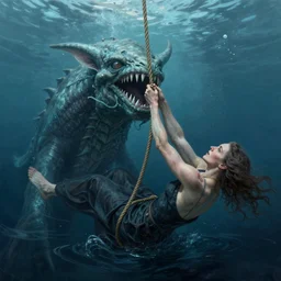 intense conceptual art of norwegian sea monster draugen beneath the water, a woman grabbing on to a rope fighting for her life above the water greg rutkowski and ilya kuvshinov, masterpiece illustration, ultrarealistic, perfect face and anatomy, golden ratio