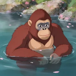 an orangutan bathing in a hot spring, with cherry blossom petals floating on the water, miyazaki's animation style,
