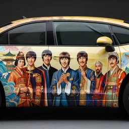 A High quality photo of a car with the bodywork painted with a beatles art in ancient china style, beatles art in ancient china style, car paint, ancient china style of the beatles, car paint