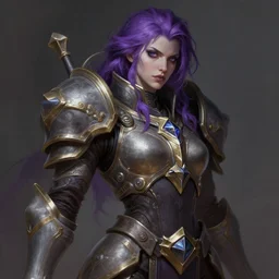 alexey gurylev, pale woman in power armor with purple hair, mysterious, deep focus, d & d, fantasy, complex, elegant, highly detailed, digital painting, artstation, concept art, matte, clear focus, illustration, hearthstone, artgerm art, greg rutkovsky and alphonse mucha