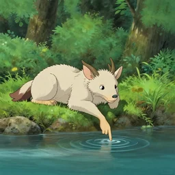 a satyr lounging next to a river with one finger in the water in the forest, digital painting, fantasy, studio ghibli environment