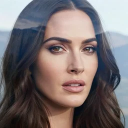 double - exposure effect of megan fox face and beautiful mountains, in the style of dan mountford, amazing detail