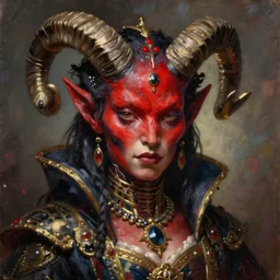 painted close - up portrait of a very attractive red - skinned intimidating demon cyborg girl with ram horns! oil painting, wearing a noblewoman's outfit, fantasy art by john singer sargent and gaston bussiere and james jean and greg rutkowski, demon noble character design, hd