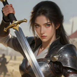 Female warrior standing on a battlefield with a one-handed sword, close-up of face shot, highly detailed, 8k, elegant, gallant, ambient, digital painting, art station, concept art, smooth, sharp focus, illustration,