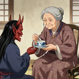 manga image of an old woman serving tea to a demon, 4k, high resolution, artstation