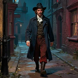 a plague doctor walks through a Victorian city, dark atmosphere, detailed, vibrant Colors