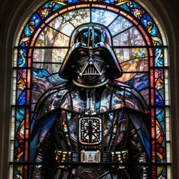 stained glass window containing Darth vader
