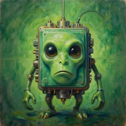 grim oil painting of good and friendly sentient ai machine core, symmetrical, golden ration, green color scheme, realistic shaded lighting, octaine rendering, wallpapper, magali villeneuve, trending on artstation