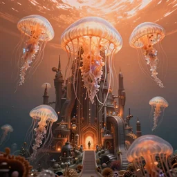 hyperrealistic hyper detailed underwater neo-dystopian city of atlantis surrounded by giant pearlescent jellyfish matte painting concept art maciej kuciara hajime sorayama cinematic soft orange lighting low angle hd 8k sharp shallow depth of field