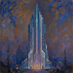 prompt : a cyberpunk art deco monument to moloch by greg rutkowski and claude monet, oil on canvas