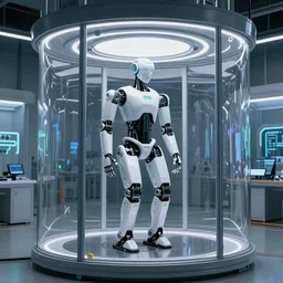 futuristic humanoid robot in a containment facility, photorealistic, neon lights,