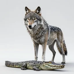 chimera made of a wolf and a crocodile, wolf head, awarded on pixiv, ultra realism, fantasy, trending on deviantart, realistic wood swamp, professional photoshop artwork