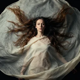a portrait of a woman with long hair wearing a fabric cloth drapery by peter mohrbacher and jeremy geddes, billowing, dramatic, dynamic lighting, intricate, detailed, sharp focus, motion, symmetrical features