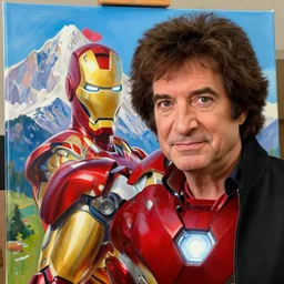 a closeup photorealistic photograph of bob ross with a brilliant canvas painting of iron man. mountain scape. film still, vibrant colors. this 4 k hd image is trending on artstation, featured on behance, well - rendered, extra crisp, features intricate detail, epic composition and the style of unreal engine.
