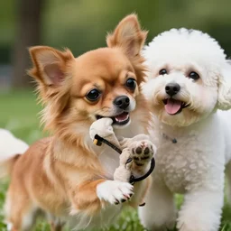 a photorealistic closeup image of a cute brown colored long haired chihuahua cocker spaniel dog playing with a happy white bichon frise dog at central park. brightly lit. extreme detail. 4 k hd unreal engine