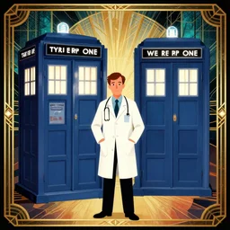 the doctor and the TARDIS in an art deco style