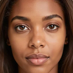 a closeup portrait of a black woman with brown hair and brown eyes. Extremely clear and high quality eyes with reflection, realistic face and details, clear lips and high quality