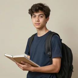 portrait hyperrealism art realism student holding his notebooks with his backpack on