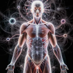 full frame human body with fractal aura, fine details, microorganisms, fine details, muscles, veins, artery, 90's aesthetic, x-ray, noise film, photo