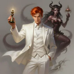 a highly detailed illustration of short ginger haired man wearing white suit, dramatic holding chess piece pose, summoning demon girl, intricate, elegant, highly detailed, centered, digital painting, artstation, concept art, smooth, sharp focus, league of legends concept art, WLOP