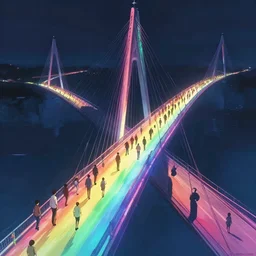 incredible, mindblowing, refugees crossing a beautiful bridge made of rainbow hardlight, matte painting, makoto shinkai, artstation, cgsociety, dramatic lighting, concept art, octane render, arnold 3 d render