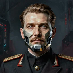a beautiful marshal josip broz tito head made of mech mask rendered in unreal engine, cyberpunk, dark scifi, painted by david burliuk, bernard buffet and carne griffiths