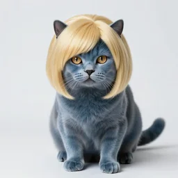 professional photo of a blue cat wearing a blonde wig by!!!, short hair wig, wig hair, super saiyan hair wig!!, 4 legs!!, studio lighting, very detailed, unreal engine, canon photo!!!!, professional lighting, good composition, rule of thirds, winning award photo, real cat, real, swimming pool