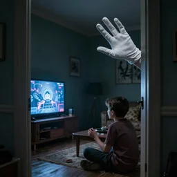 a disembodied white gloved hand sticking out from behind a dark doorway, waving at a terrified boy watching tv in a living room, haunted, scary