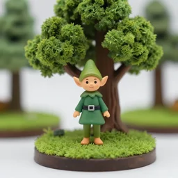 miniature of an elf standing on a grassy plinth with a model tree in the background, depth of field, dslr, 8k, hand painted