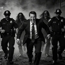Ted Cruz with a wide grin being chased down by multiple police officers, black and white, creepy lighting, foggy atmosphere, scary, horror, ornate, eerie, fear