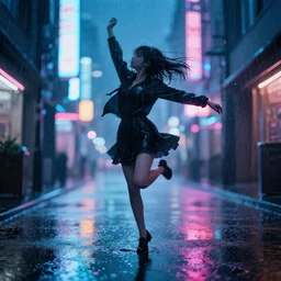 advanced digital anime art, invisible girl dancing in the rain on a neon lit street, water reflections.