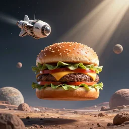 a spiky imperial hamburger space ship travelling near a barren planet by Marek Okon, god rays, fantasy art, 4k, HDR, photorealistic, 8k, trending on artstation