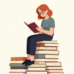 a woman with red hair and glasses sits on top of a tall pile of books, reading. clear, detailed face. clean cel shaded vector art. by lois van baarle, artgerm, helen huang, by makoto shinkai and ilya kuvshinov, rossdraws, illustration, art by ilya kuvshinov