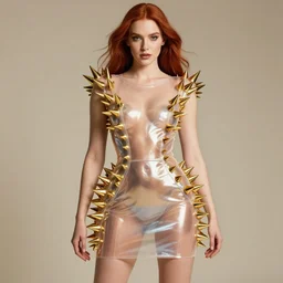 shiny chrome transparent latex symmetrical dress with huge gold latex spikes, sexy fashion model with long red hair, high - end photoshoot, soft rembrandt lighting