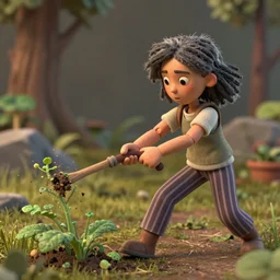 a stopmotion animation character, a beautiful canadian woman, pulling weeds out frantically, some grey hair, stripey pants, octane render, 8 k, kubo and the two strings, jan svankmayer