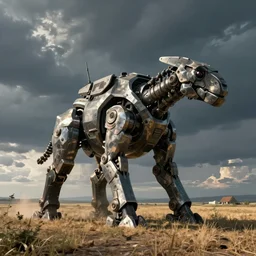 A large quadrupedal mech over an open field by greg rutkowski