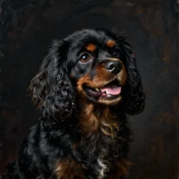 painting of a dark, happy, smiling, black cavalier king charles spaniel with black fur thinking about being a good boy. art by vermeer