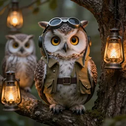 3 d octane tender of an anthropomorphic, owl wearing ww 2 pilot clothes, funny facial expression, in a tree by beatrix potter, sharp focus, detailed fluffy feathers, glowing eyes, glowing lanterns